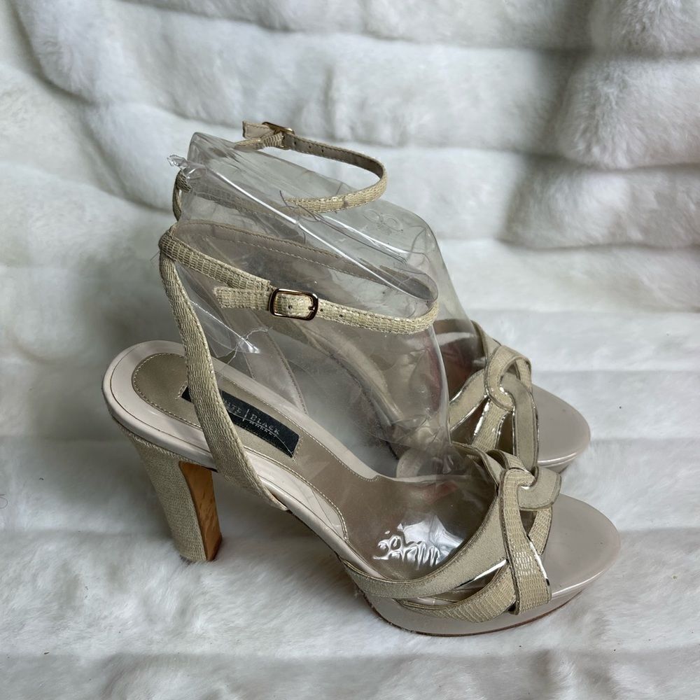 WHBM khaki print snake skin print straps ankle strap platform sandals size 9.5